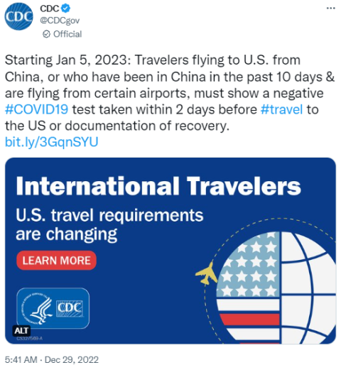 美国疾控中心要求从中国进入美国的航空旅客出示COVID-19新冠检测阴性证明