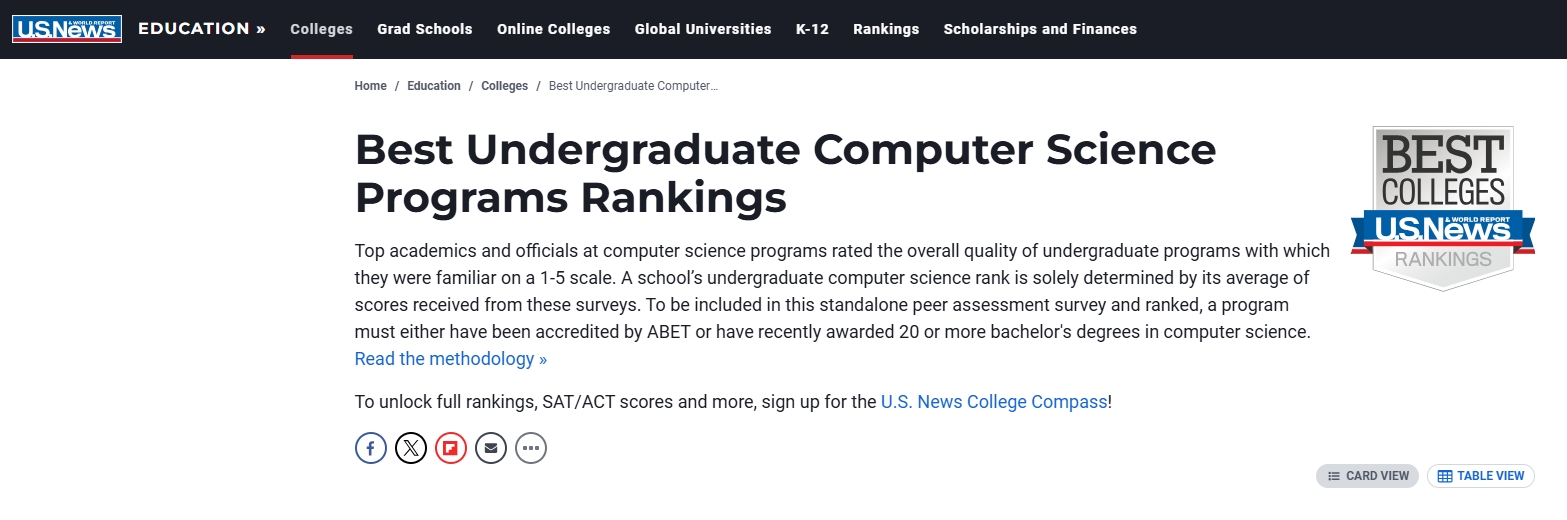 U.S. News发布2025年计算机科学本科排名：斯坦福蝉联榜首，UIUC进入前五