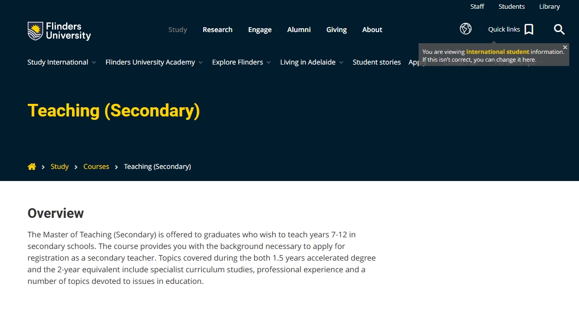 澳洲｜弗林德斯大学新增1.5年制中学教师硕士